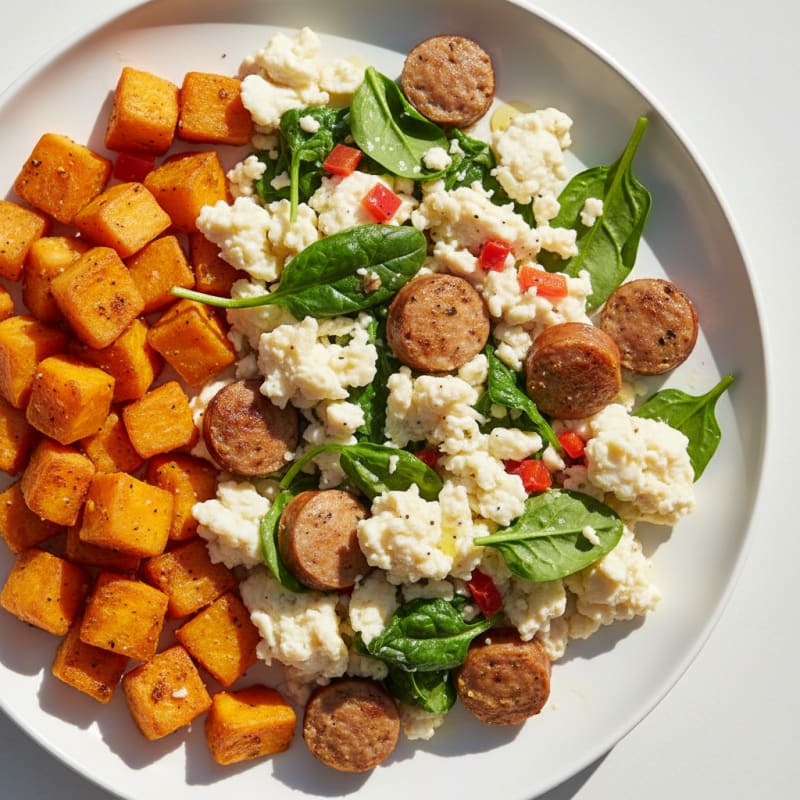 Egg White and Chicken Sausage Scramble with Spinach