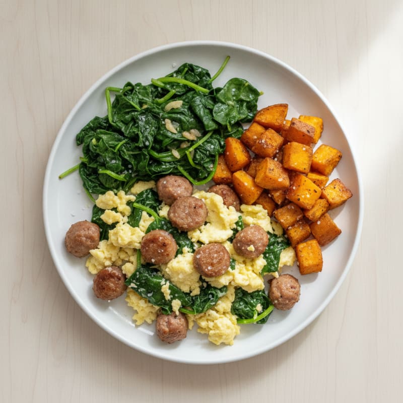 Egg White and Turkey Sausage Scramble with Sautéed Spinach and Roasted Sweet Potatoes