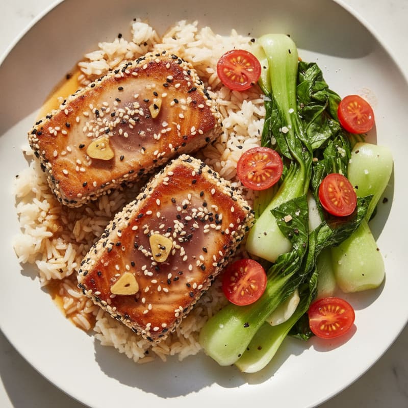 Pan-Seared Sesame Tuna with Basmati Rice and Bok Choi