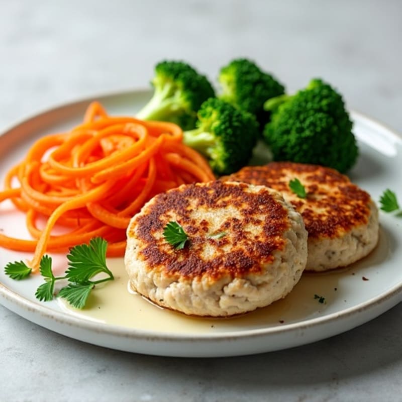 Seared Turkey Patties with Steamed Broccoli and Carrot Ribbons