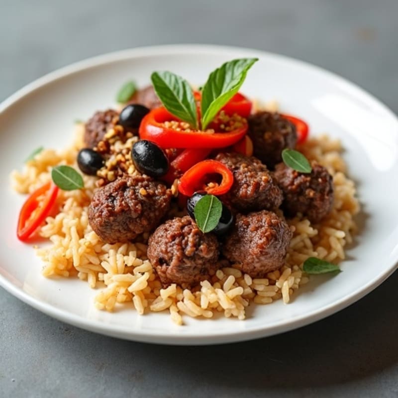 Ground Beef with Smoked Pepper and Olives, Basmati Rice, and Fermented Cabbage