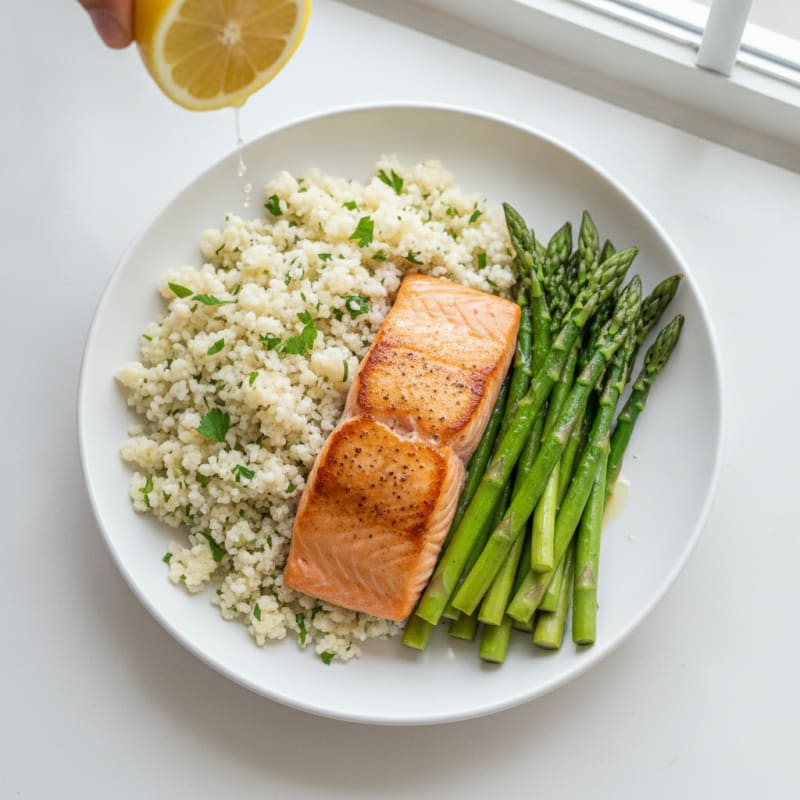 Seared Salmon with Steamed Asparagus and Herbed Cauliflower Rice