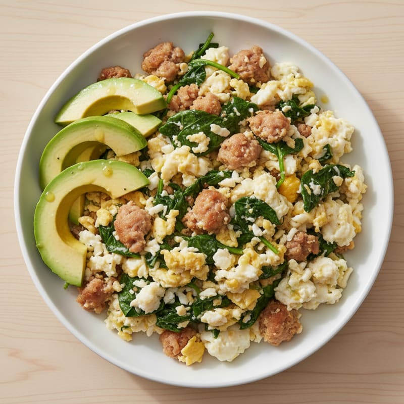 Egg White and Spinach Scramble with Turkey Sausage
