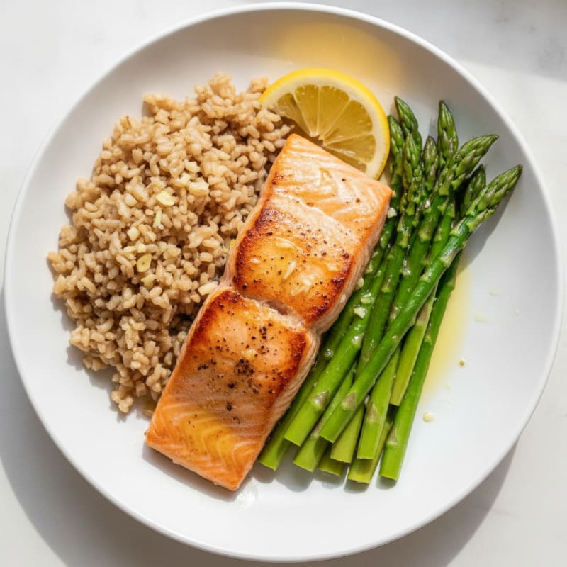 Seared Salmon with Steamed Asparagus and Brown Rice