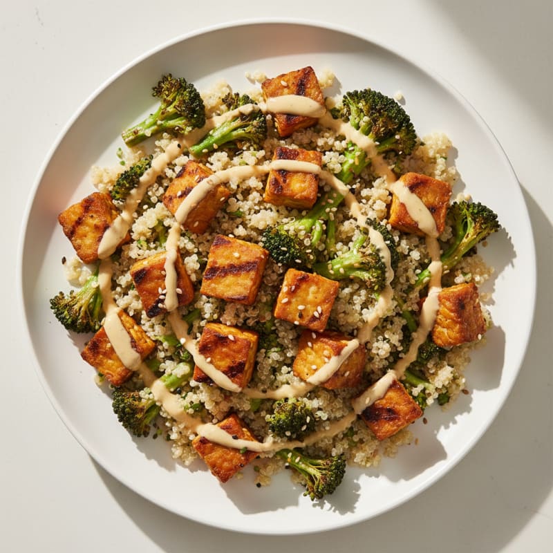 Grilled Tempeh and Quinoa Salad with Roasted Broccoli and Lemon Tahini Dressing