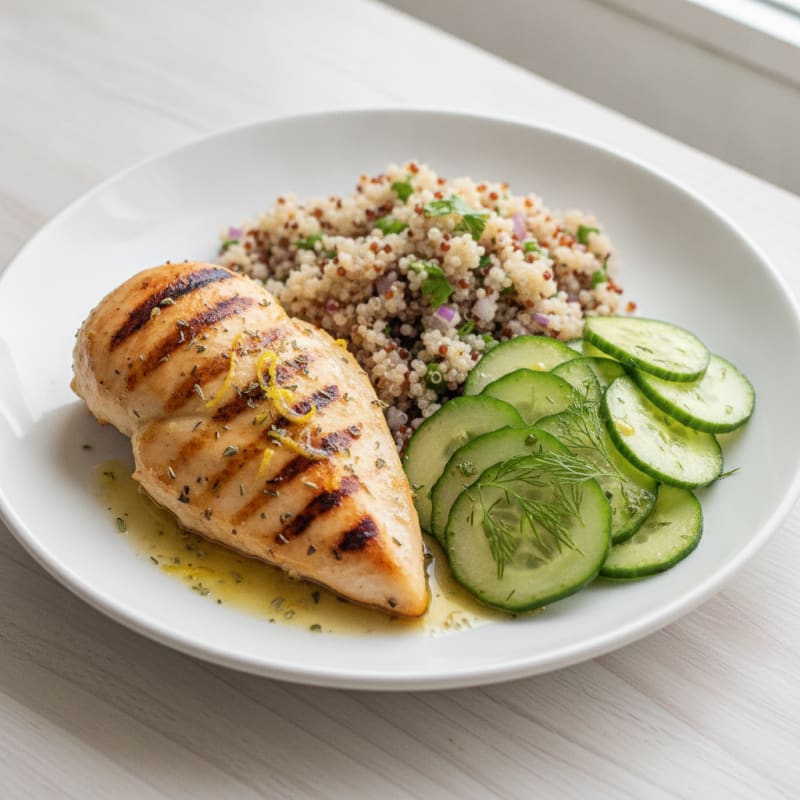 Grilled Chicken Breast with Quinoa and Crunchy Cucumber Salad