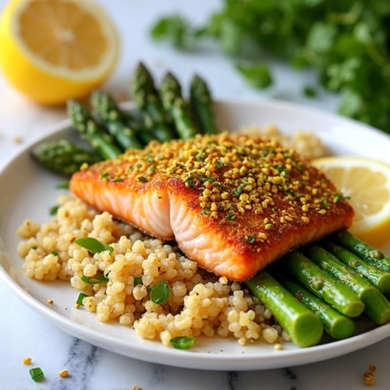 Crispy Pistachio-Crusted Salmon with Roasted Asparagus and Lemon Quinoa