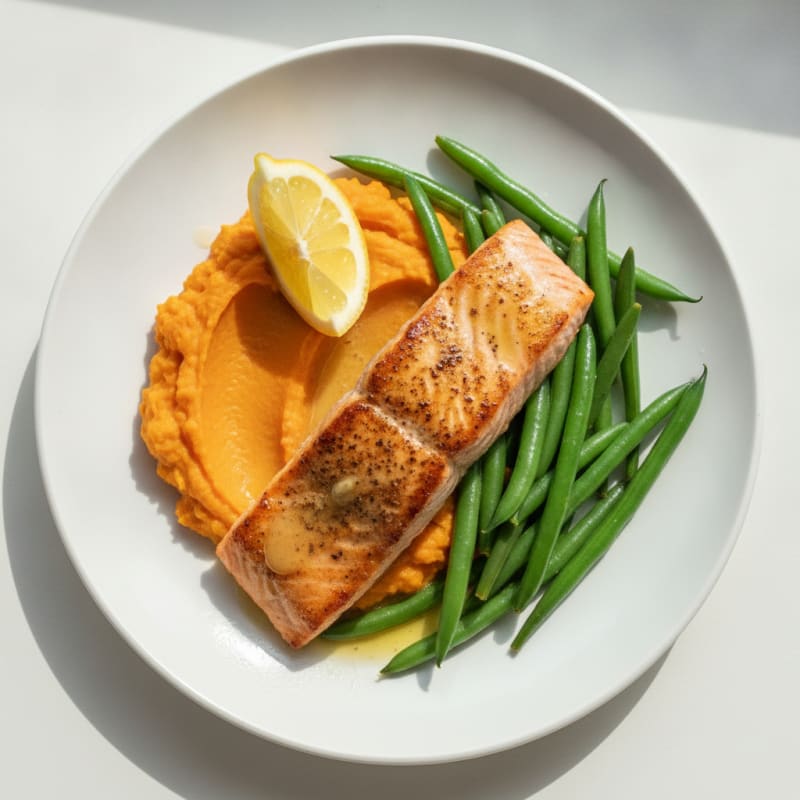 Seared Salmon with Steamed Green Beans and Sweet Potato Mash