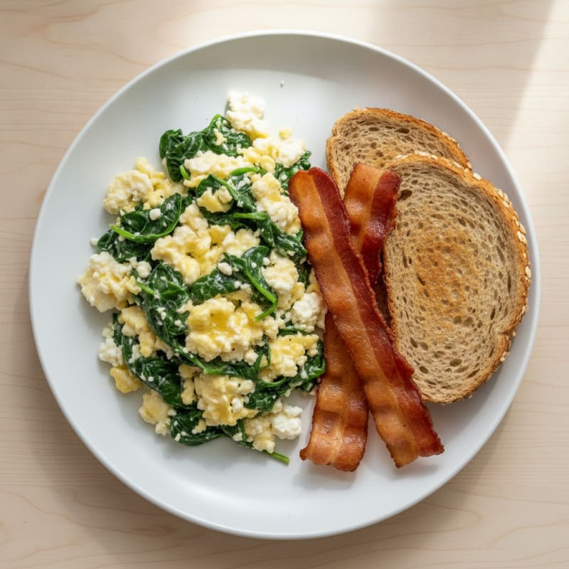 Cottage Cheese Egg Scramble with Spinach and Turkey Bacon