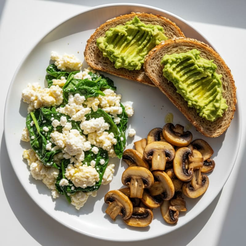 Egg White Spinach Scramble with Cottage Cheese and Sautéed Mushrooms