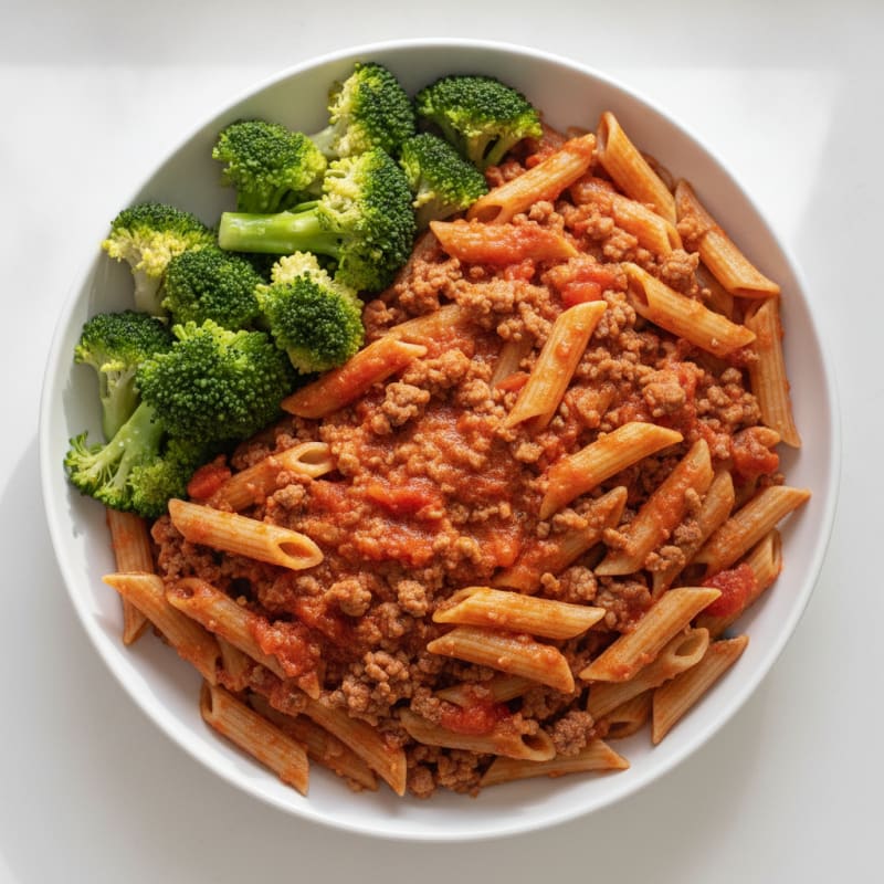 Lean Ground Beef and Tomato Pasta with Steamed Broccoli