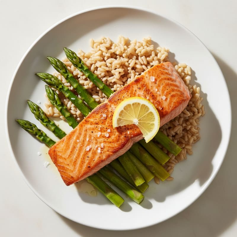 Seared Salmon with Steamed Asparagus and Brown Rice