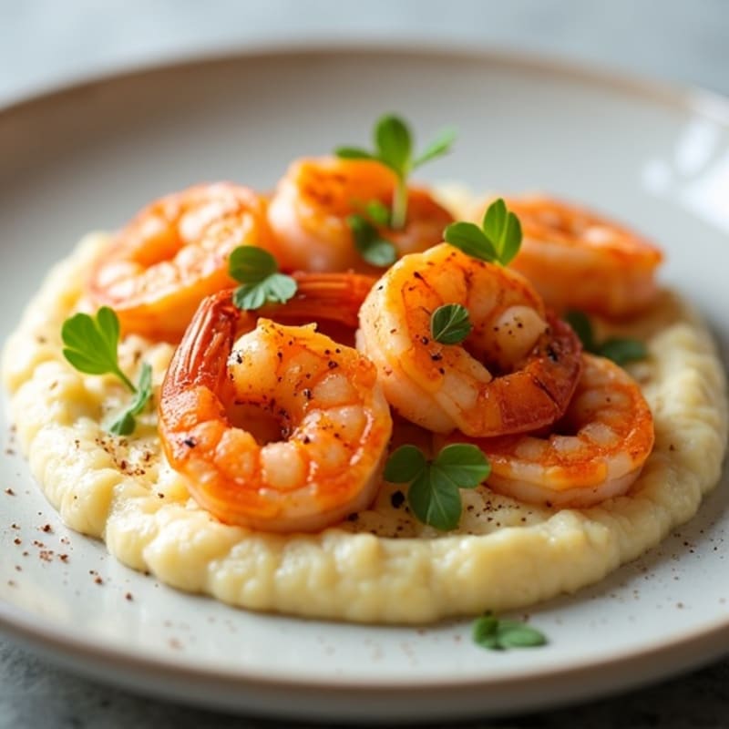 Creamy Cauliflower Grits with Spicy Garlic Shrimp