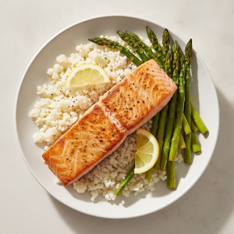 Seared Salmon with Roasted Asparagus and Cauliflower Rice