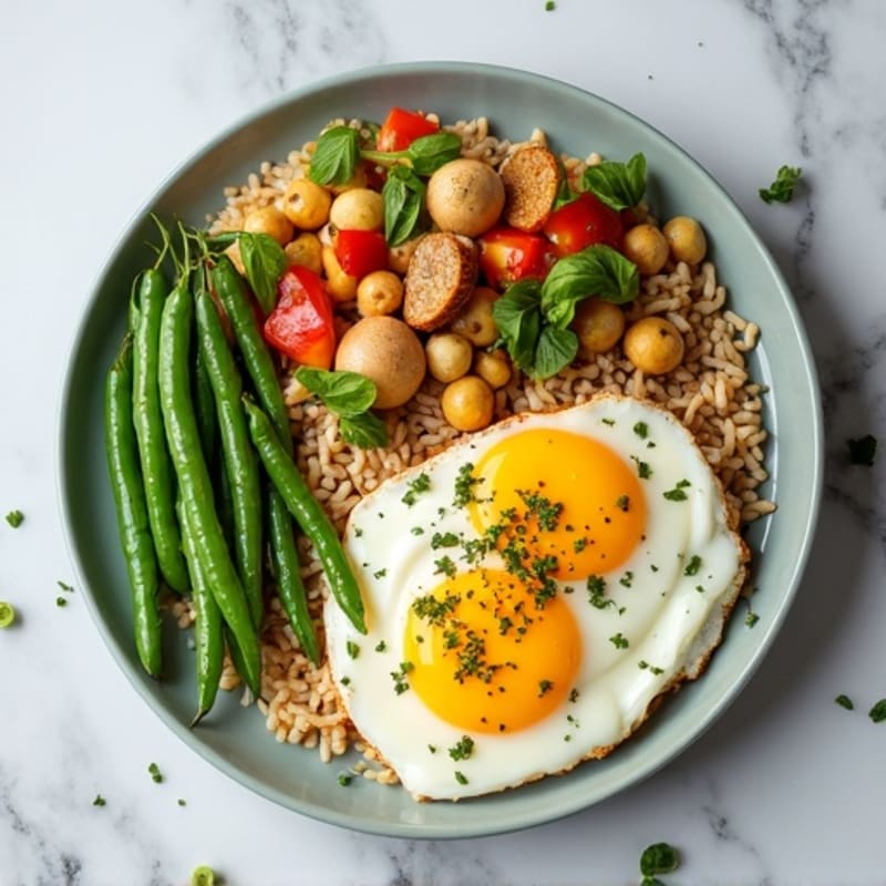 Egg Stir-Fry with Green Beans, Roasted Plantain, Steamed Rice, and Fresh Vegetable Salad