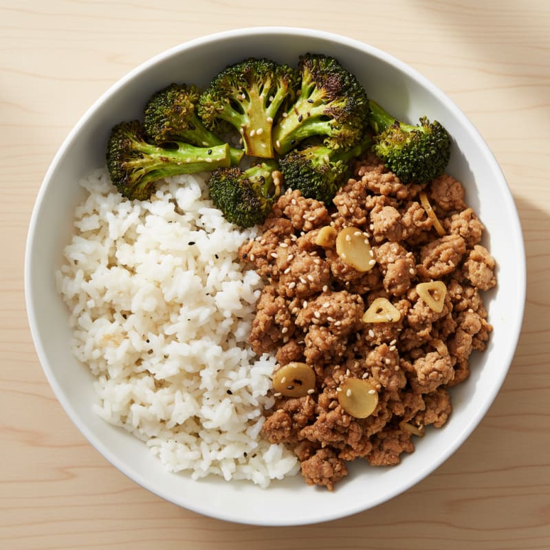 Ground Turkey and Roasted Broccoli Bowl with Steamed Rice