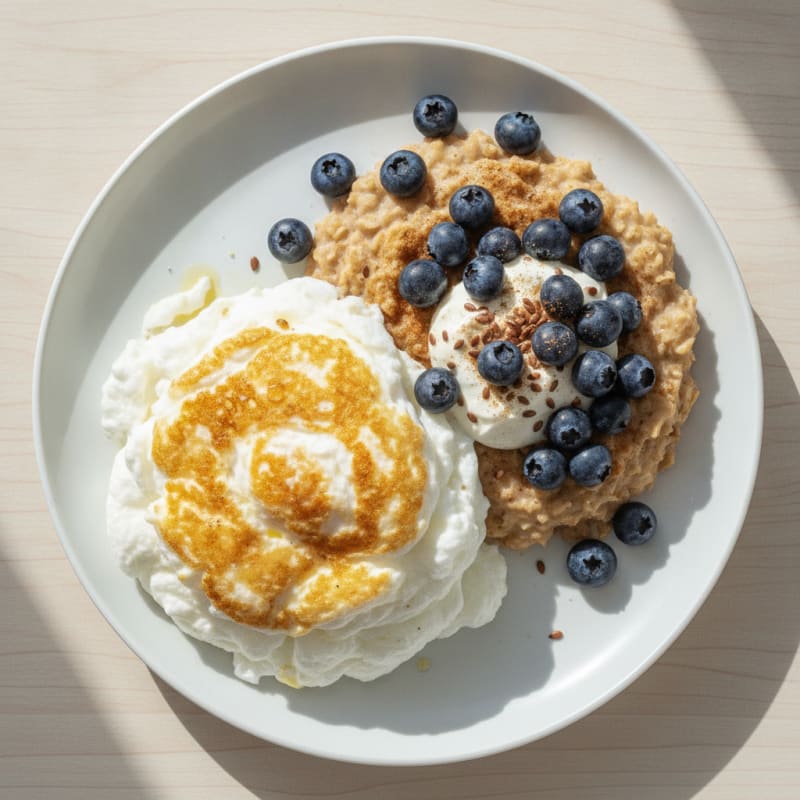 Fluffy Egg White Omelet with Berries and Creamy Oatmeal