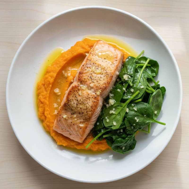 Seared Salmon Fillet with Garlic Spinach and Sweet Potato Mash