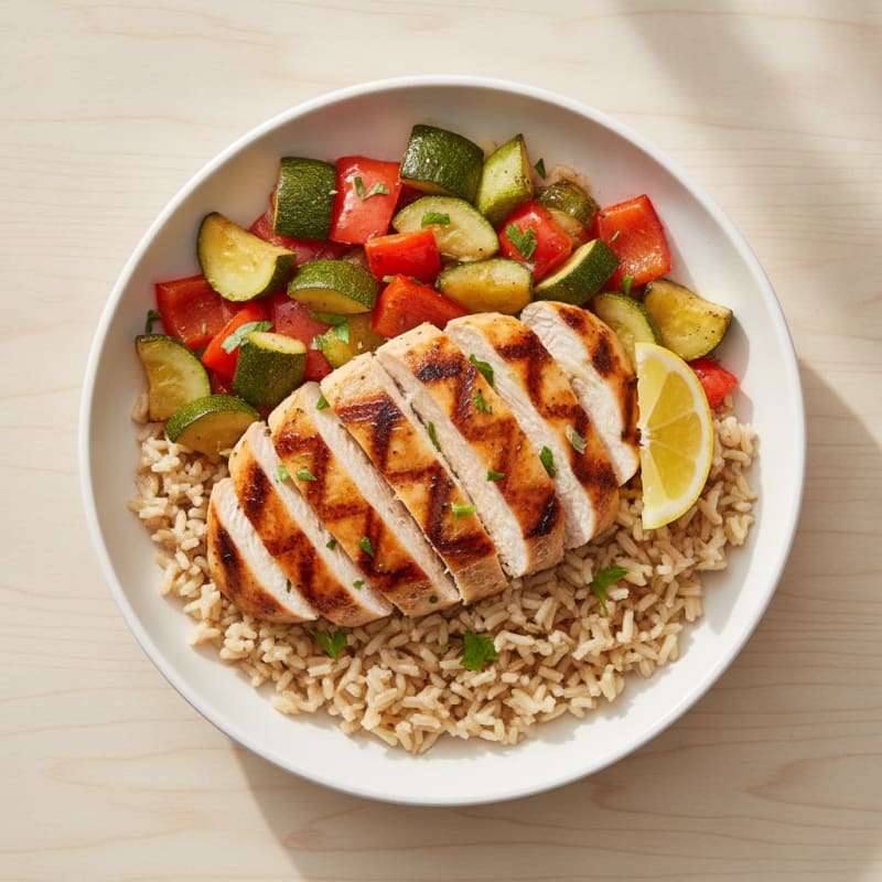 Grilled Chicken and Roasted Veggie Rice Bowl