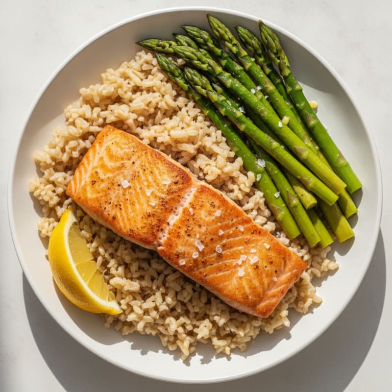 Seared Salmon with Steamed Asparagus and Brown Rice