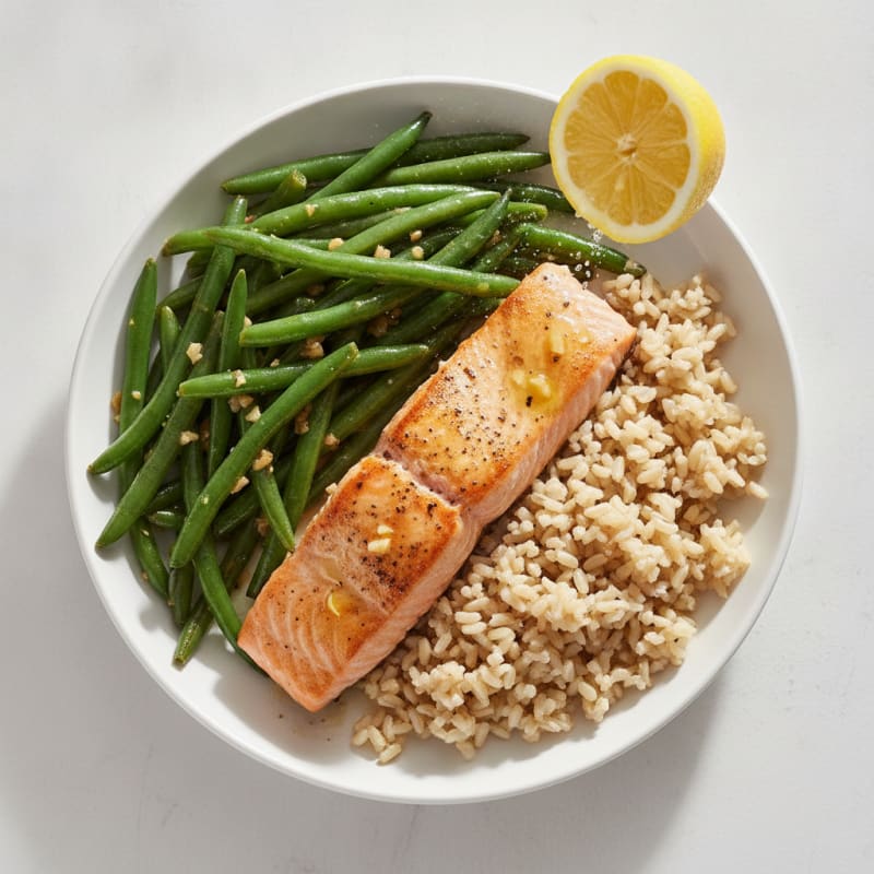 Seared Salmon with Garlic Green Beans and Brown Rice