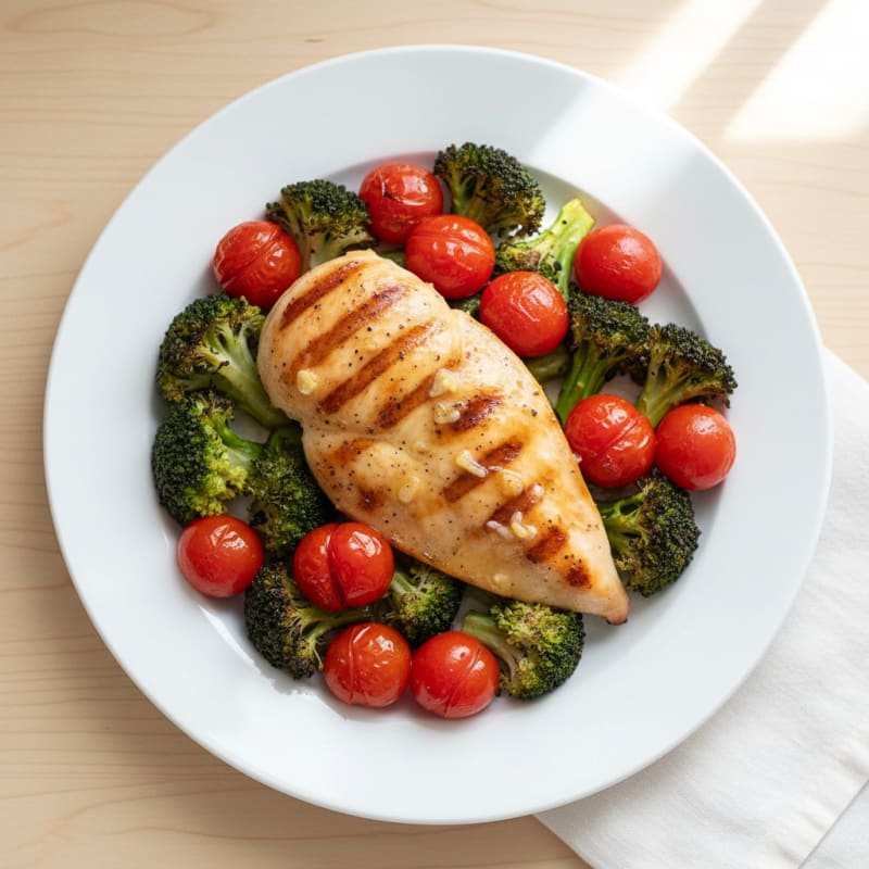 Grilled Chicken Breast with Roasted Broccoli and Cherry Tomatoes