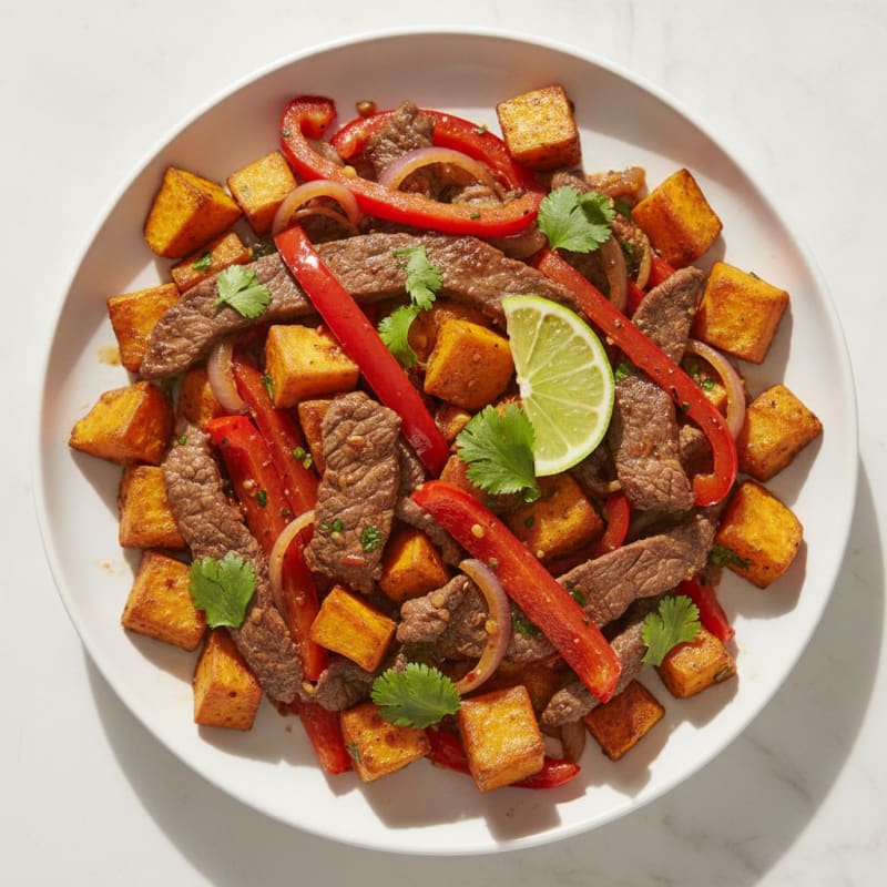 Lean Beef and Vegetable Stir Fry with Roasted Sweet Potato Cubes