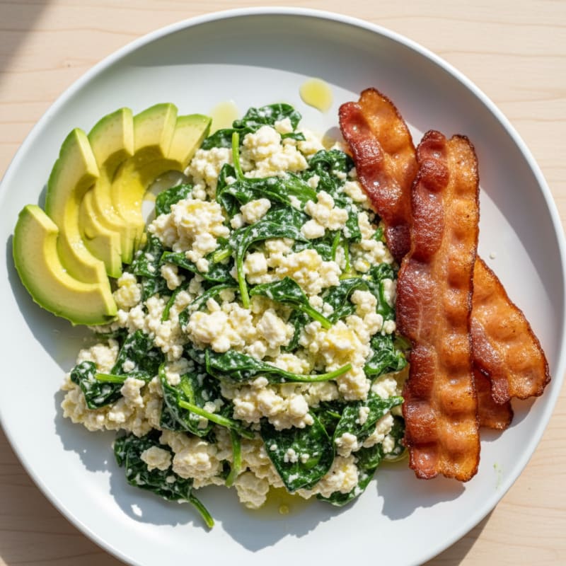 Cottage Cheese Egg White Scramble with Spinach and Turkey Bacon