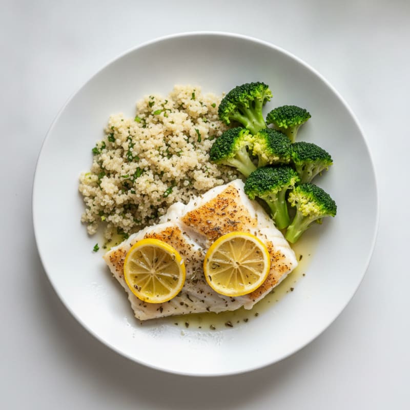 Baked Cod with Herbed Quinoa and Steamed Broccoli