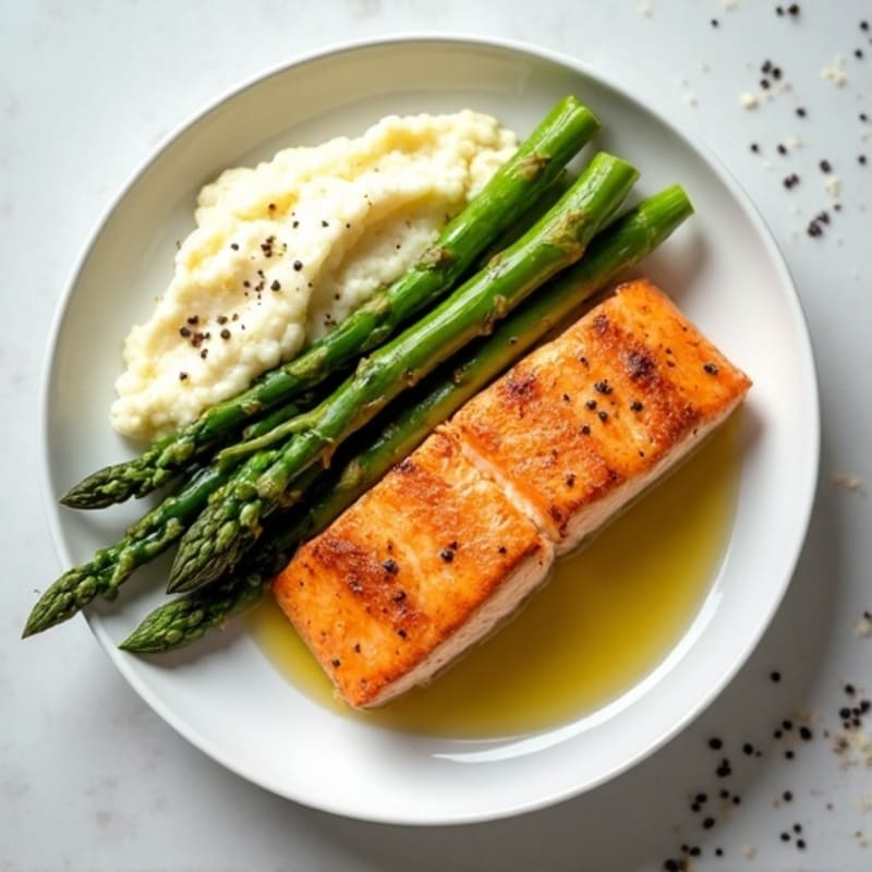 Seared Salmon with Steamed Asparagus and Cauliflower Mash