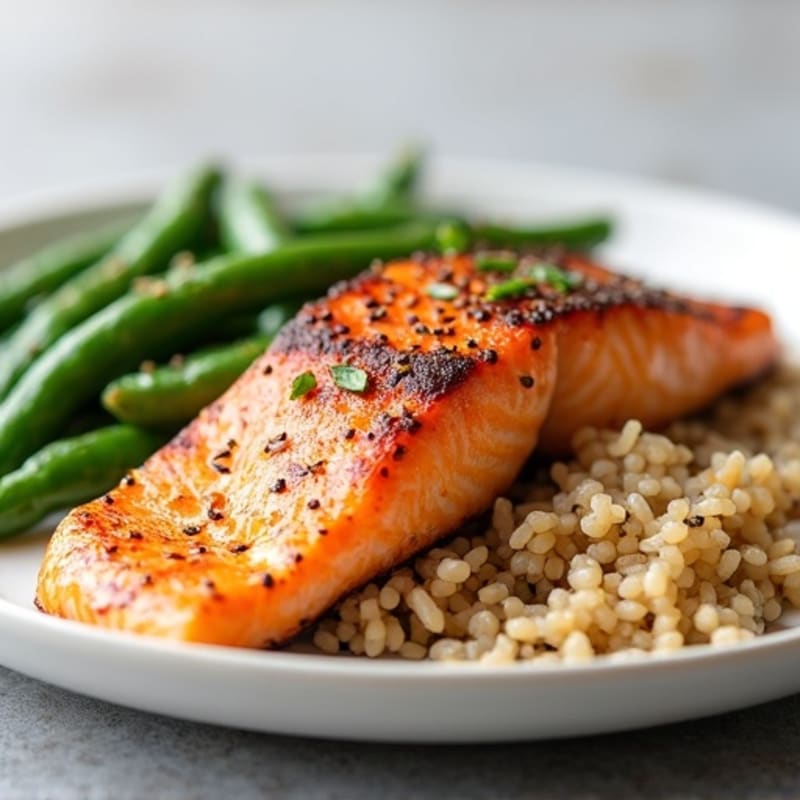 Seared Salmon Fillet with Garlic Green Beans and Brown Rice