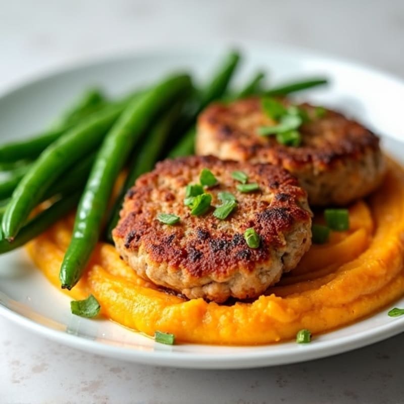 Seared Turkey Patties with Steamed Green Beans and Sweet Potato Mash