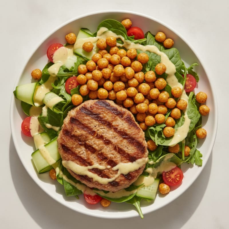 Grilled Turkey Burger Salad with Crunchy Chickpeas and Lemon-Tahini Dressing