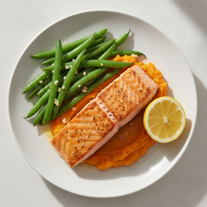 Seared Salmon Fillet with Steamed Green Beans and Sweet Potato Mash
