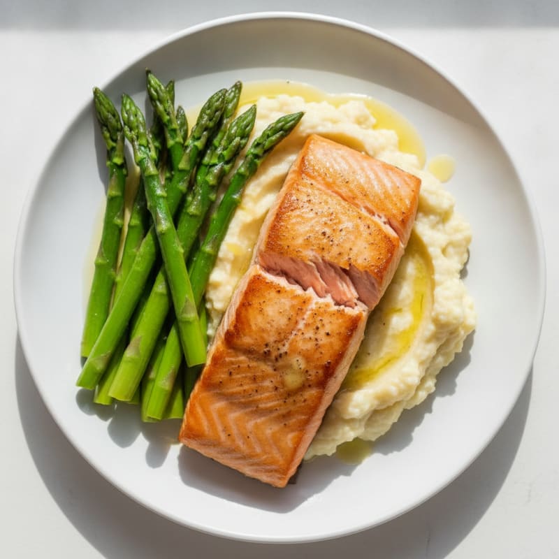 Seared Salmon with Steamed Asparagus and Cauliflower Mash