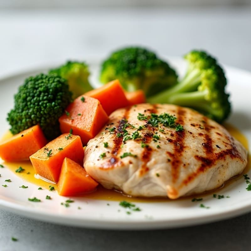 Grilled Chicken Breast with Roasted Sweet Potatoes and Steamed Broccoli