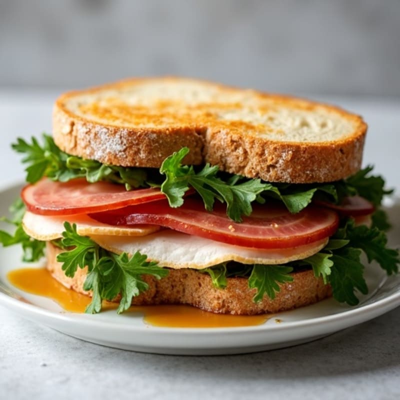 Lean Turkey and Ham Sandwich with Crisp Greens and Zesty Vinaigrette