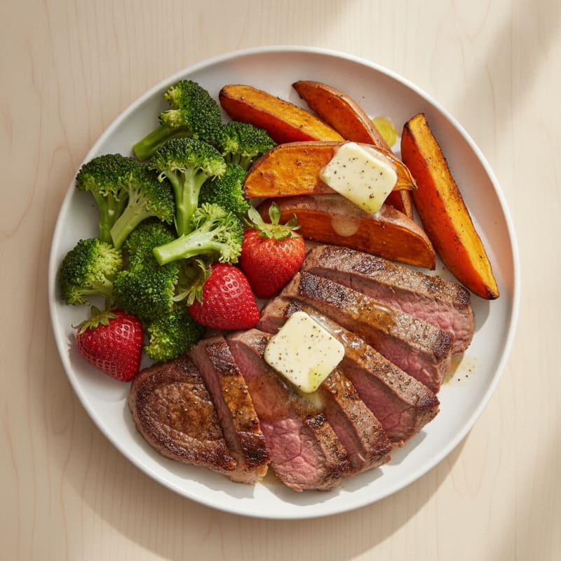 Seared Sirloin with Roasted Sweet Potato and Steamed Broccoli
