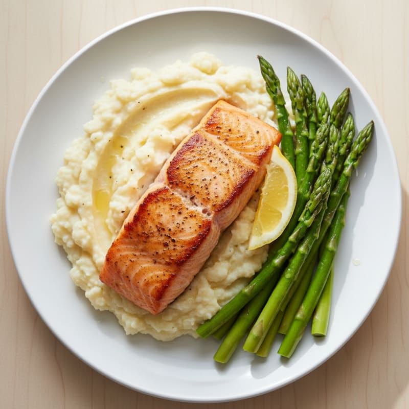 Seared Salmon with Steamed Asparagus and Cauliflower Mash