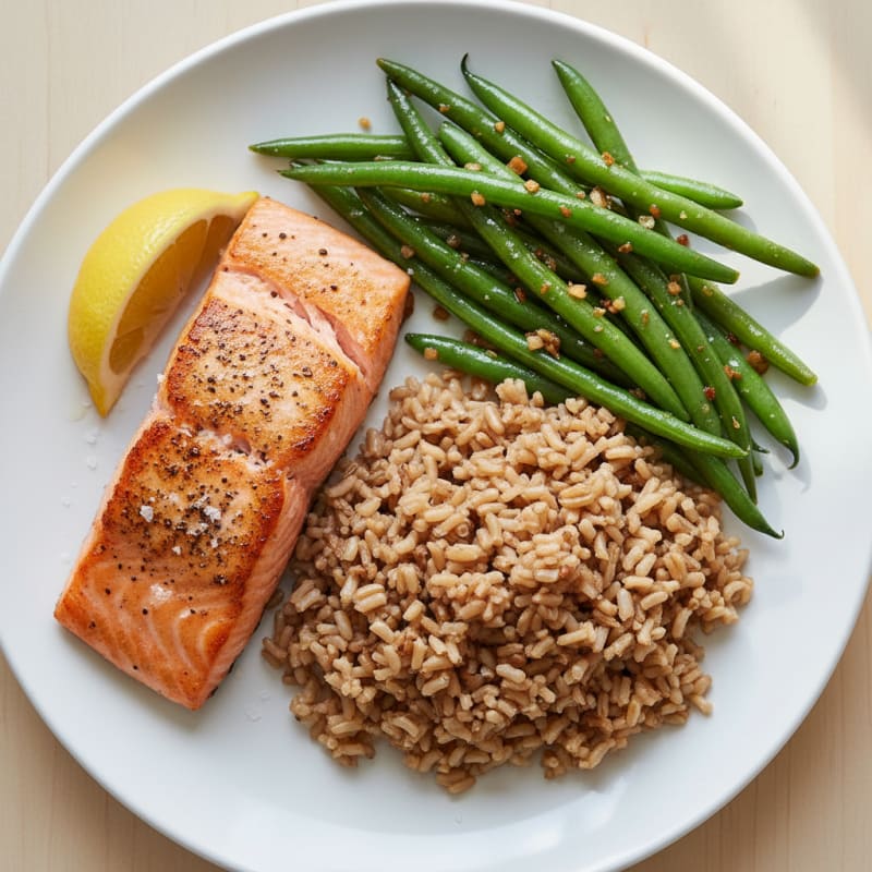 Seared Salmon Fillet with Garlic Green Beans and Brown Rice