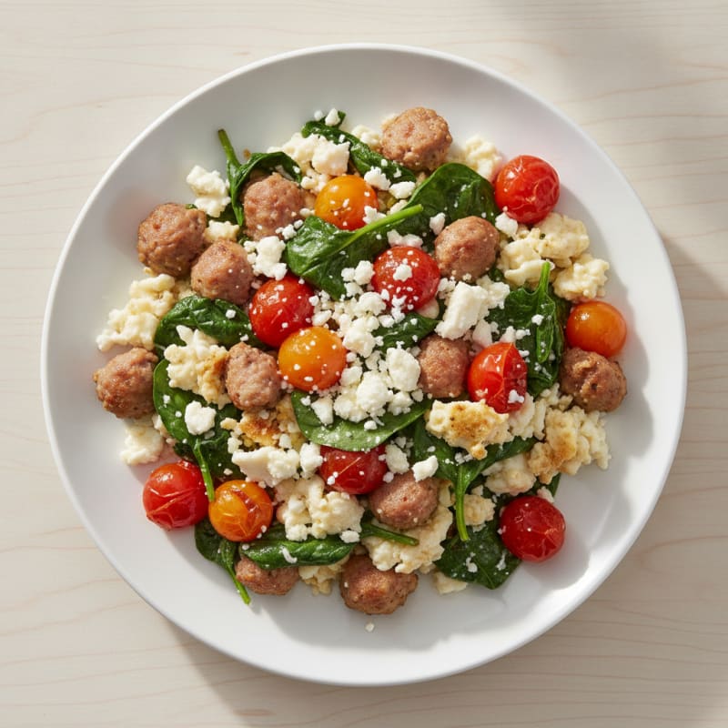 Egg White and Turkey Sausage Scramble with Spinach and Cherry Tomatoes