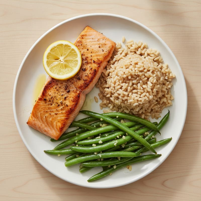 Seared Salmon with Garlic Green Beans and Brown Rice
