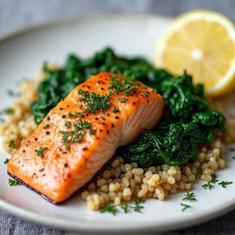 Seared Salmon with Garlic Spinach and Herb Rice