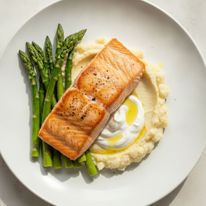 Seared Salmon with Steamed Asparagus and Cauliflower Mash