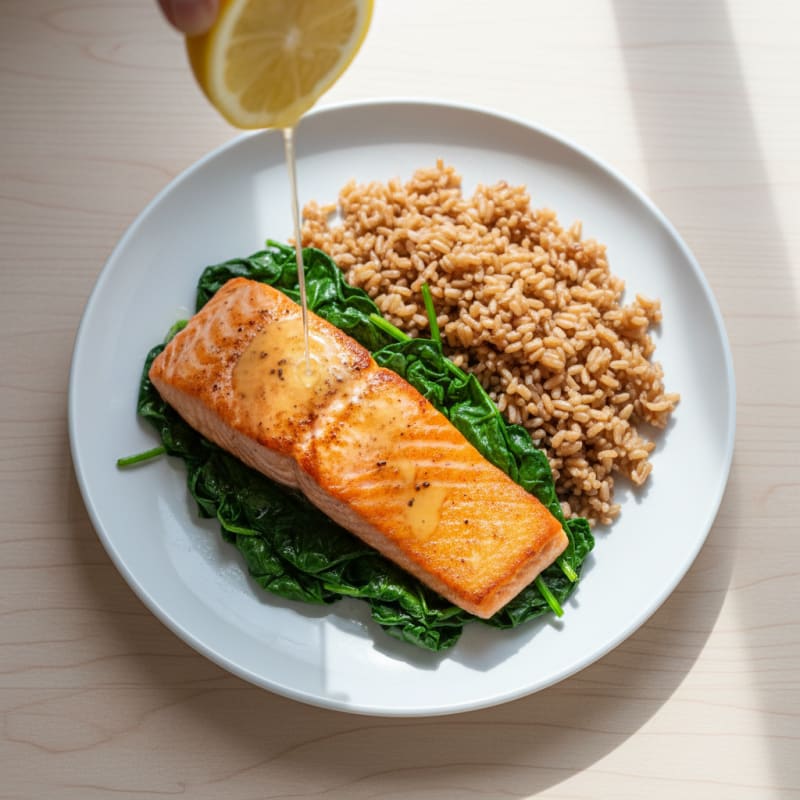 Seared Salmon Fillet with Garlic Spinach and Brown Rice