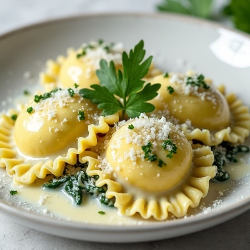 Herb-Ricotta Spinach Ravioli with Garlic Cream Sauce