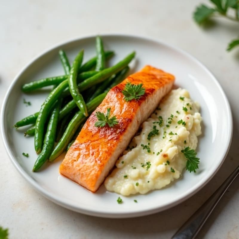 Seared Salmon Fillet with Garlic Green Beans and Cauliflower Mash