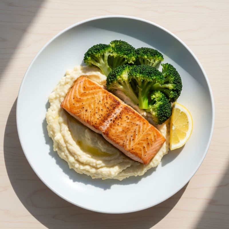 Seared Salmon with Steamed Broccoli and Garlic Cauliflower Mash