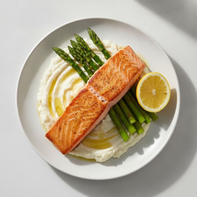 Seared Salmon Fillet with Steamed Asparagus and Cauliflower Mash