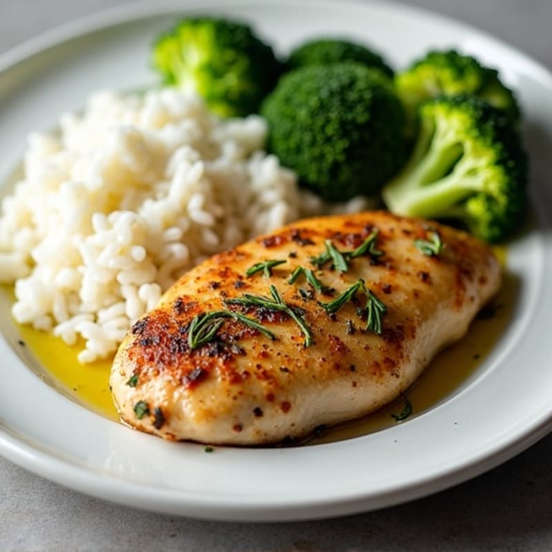 Herb-Roasted Chicken Breast with Rice and Steamed Broccoli